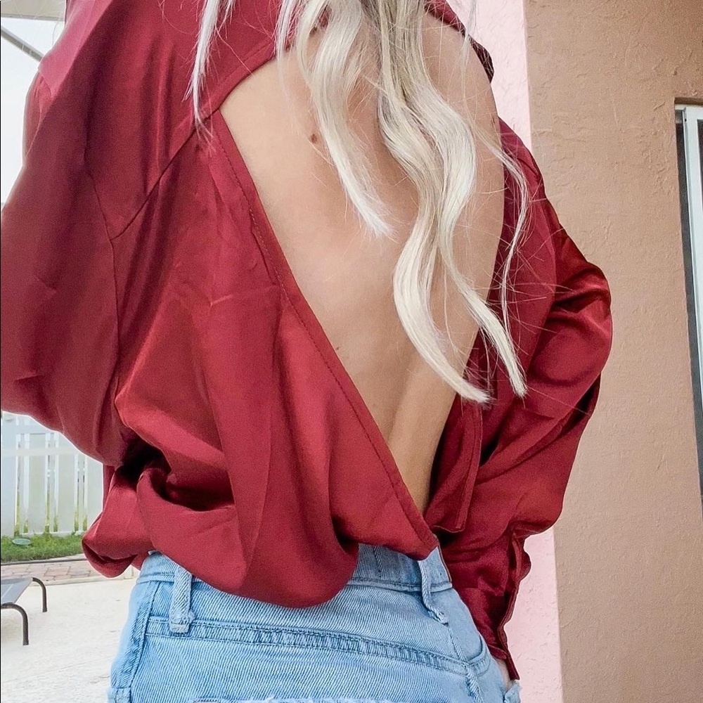 Maroon Oversized Open Back Button Down Satin Shirt - image 3